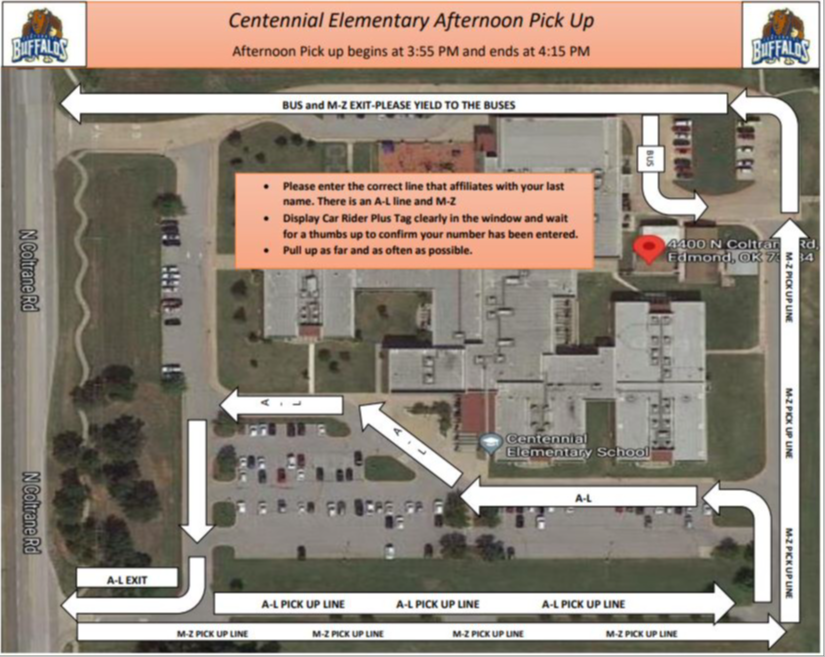 pm pick up map, afternoon pick up begins at 3:55 pm and ends at 4:15 pm, please enter the correct line that affiliates with your last name. There is an A-L line and M-Z, Display car rider plus tage clearly in the window and wait for a thumbs up to confirm your number bas been entered, pull up as far and as often as possible