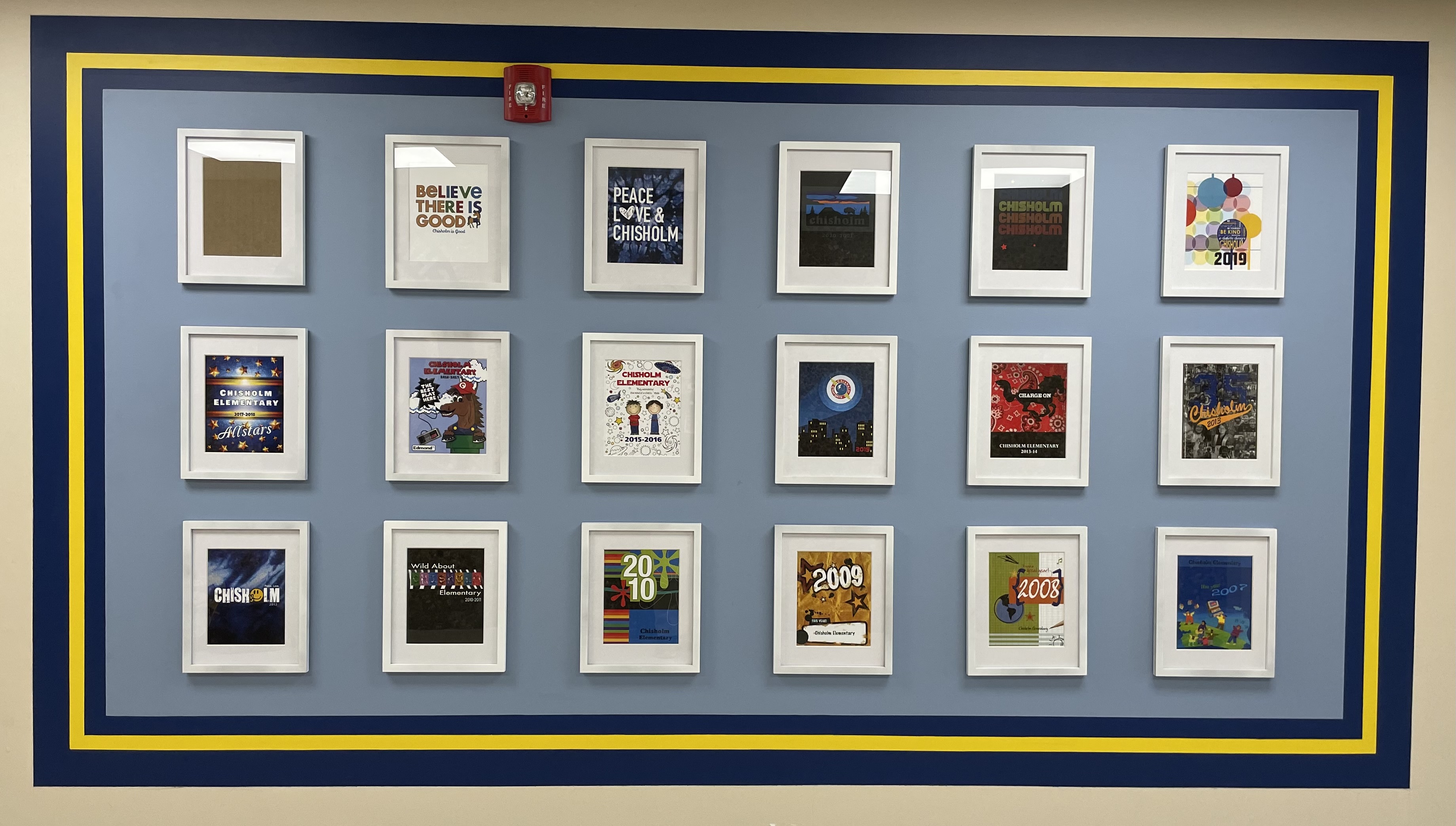yearbook covers on wall