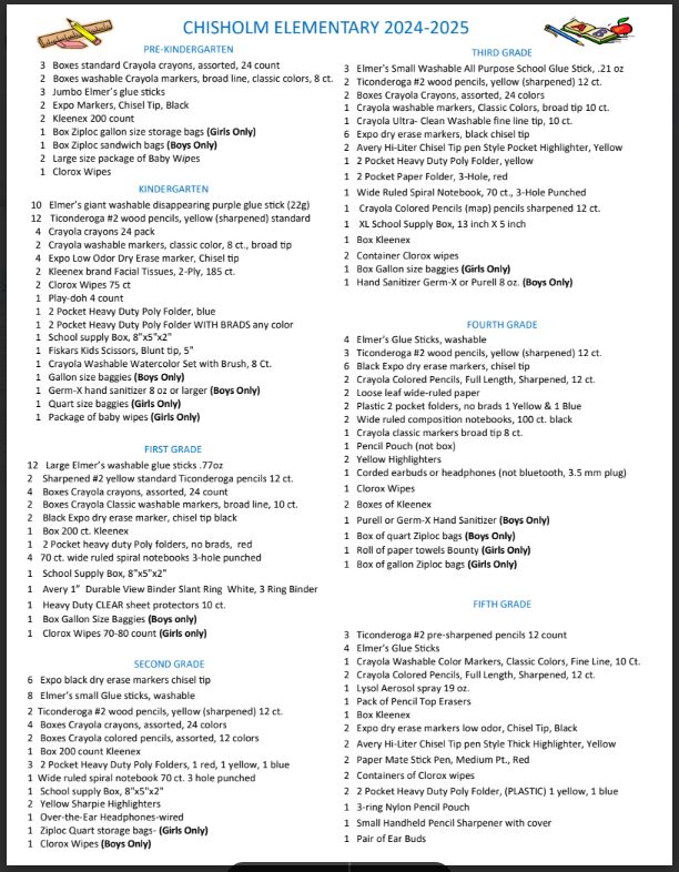 image of the list of supplies for each grade level--can click to print page
