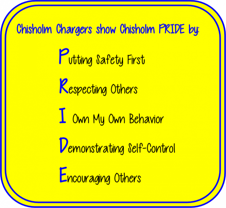 motto with text saying chisholm charges show chisholm pride by putting safety first respecting others i own my own behavior demonstrating self-control encouraging others