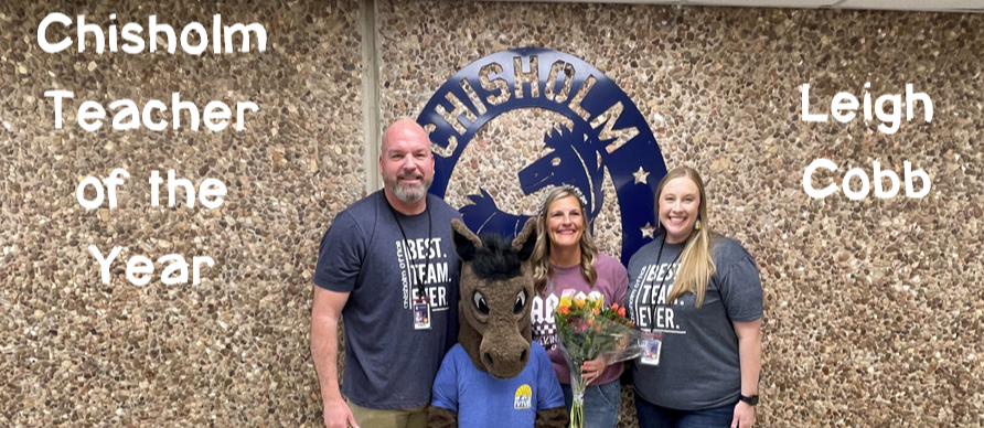 Chisholm Teacher of the Year Leigh Cobb--pictured with Chargie and the two principals