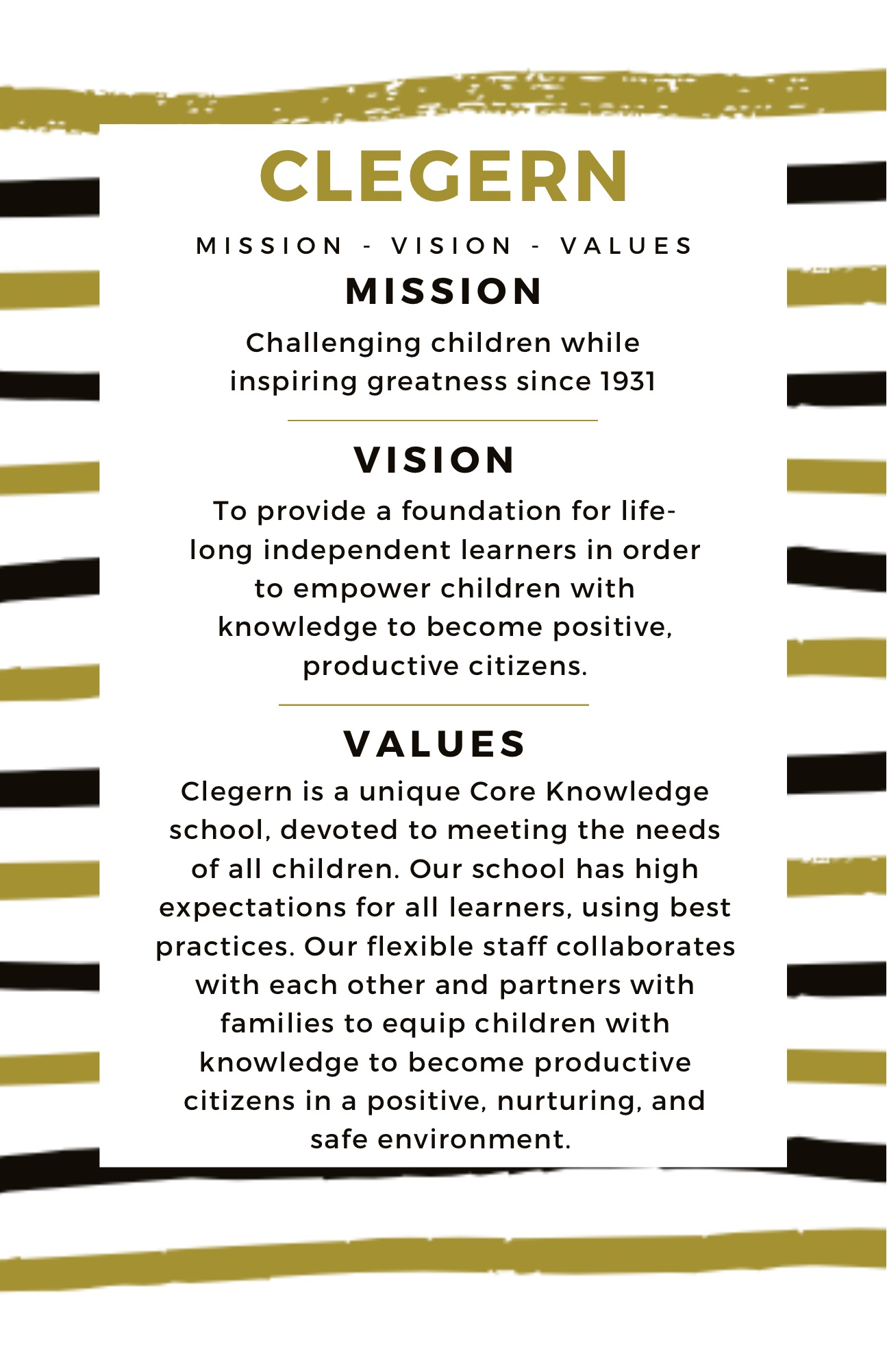 Poster of Clegern's Mission, Vision, and Value Statements
