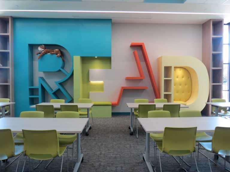 Read Form Bookshelves and reading nook in library