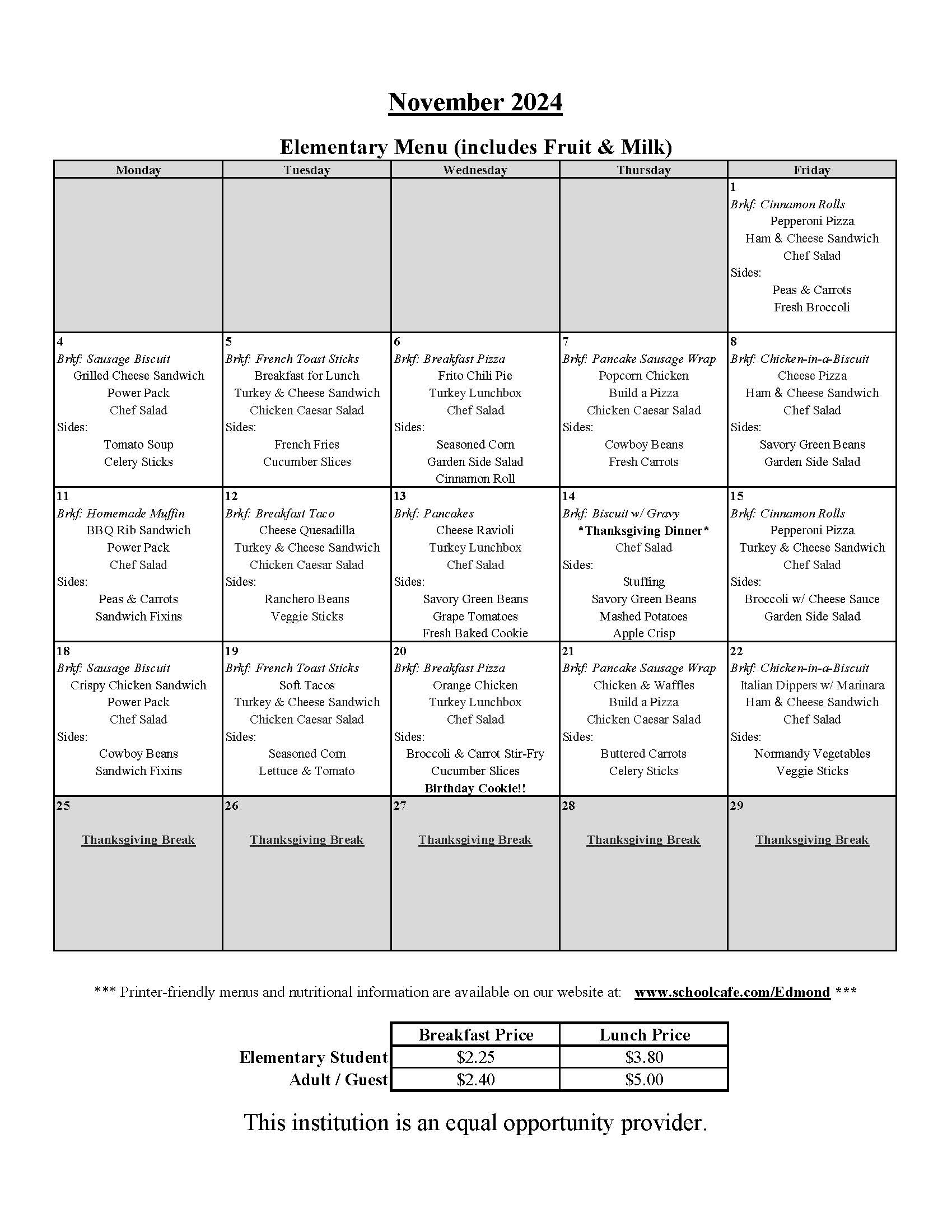 November 2024 Elementary Menu