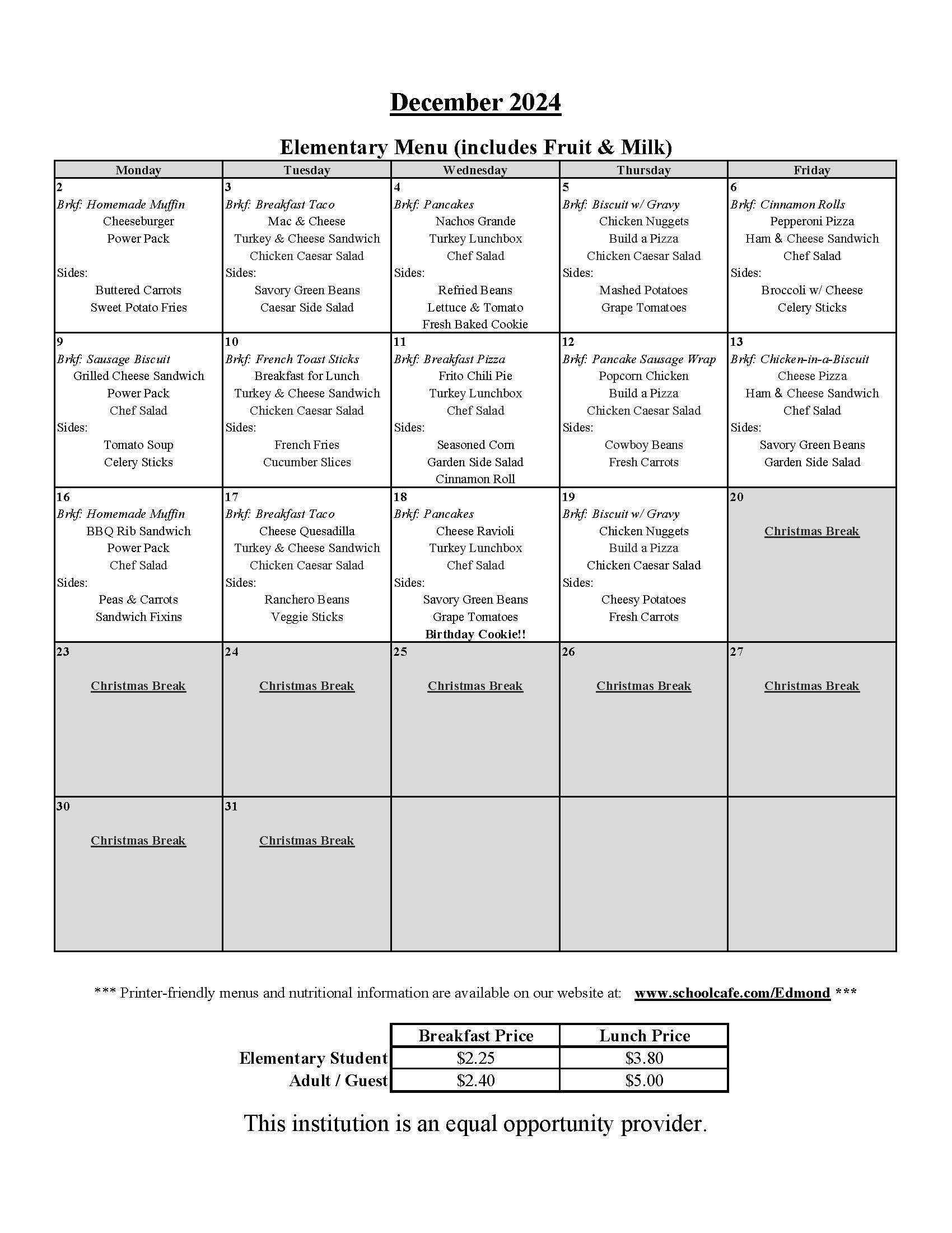 December 2024 Elementary Menu