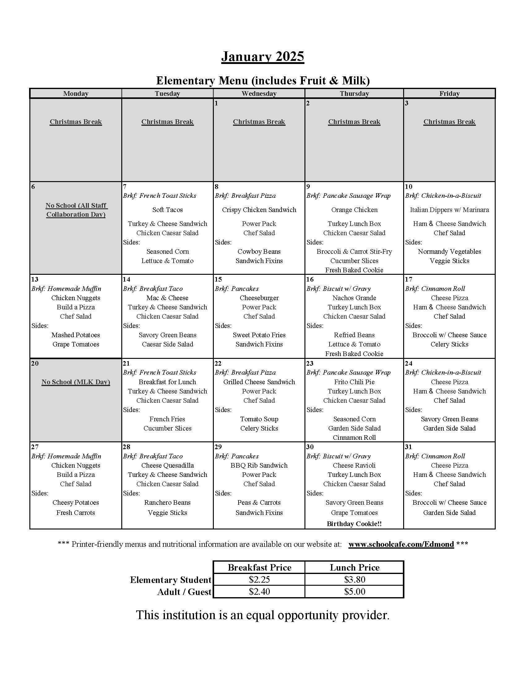 January 2025 Menu