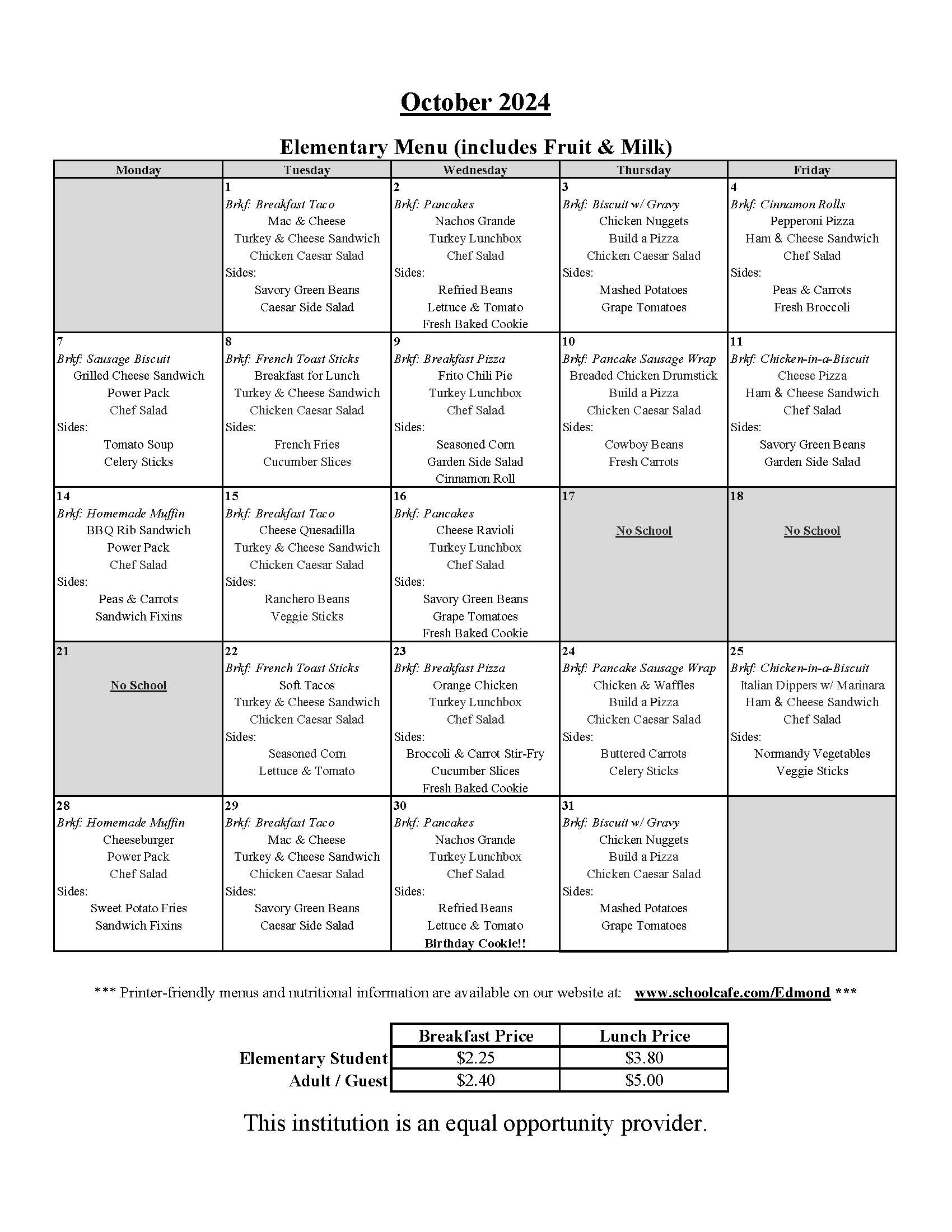 Elementary Menu October