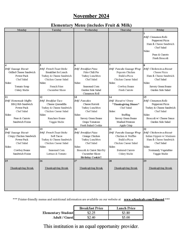 November Breakfast Menu