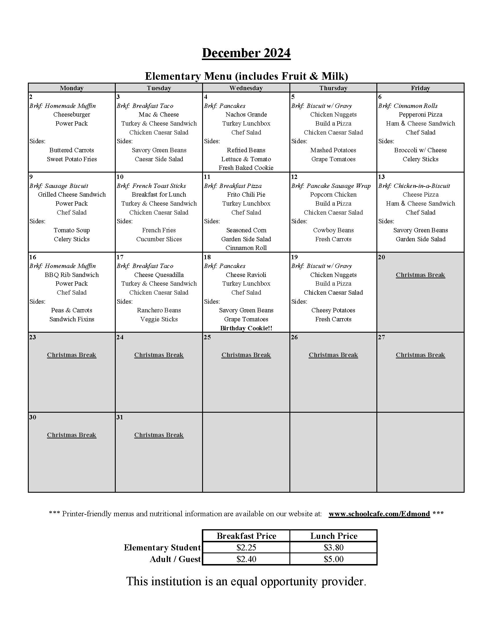 December menu