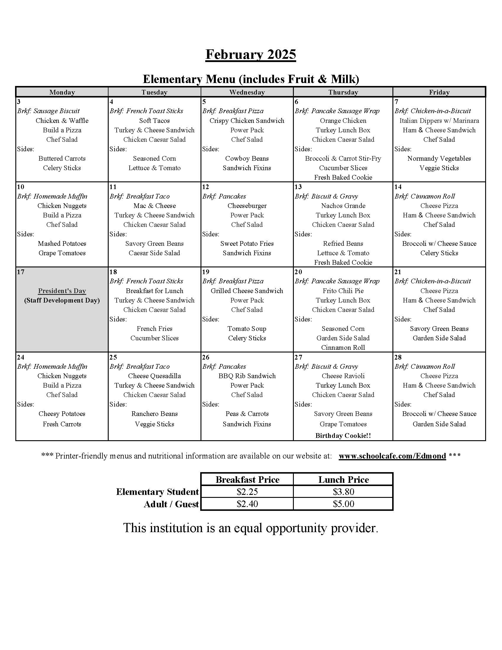 Elementary Menu February 2025