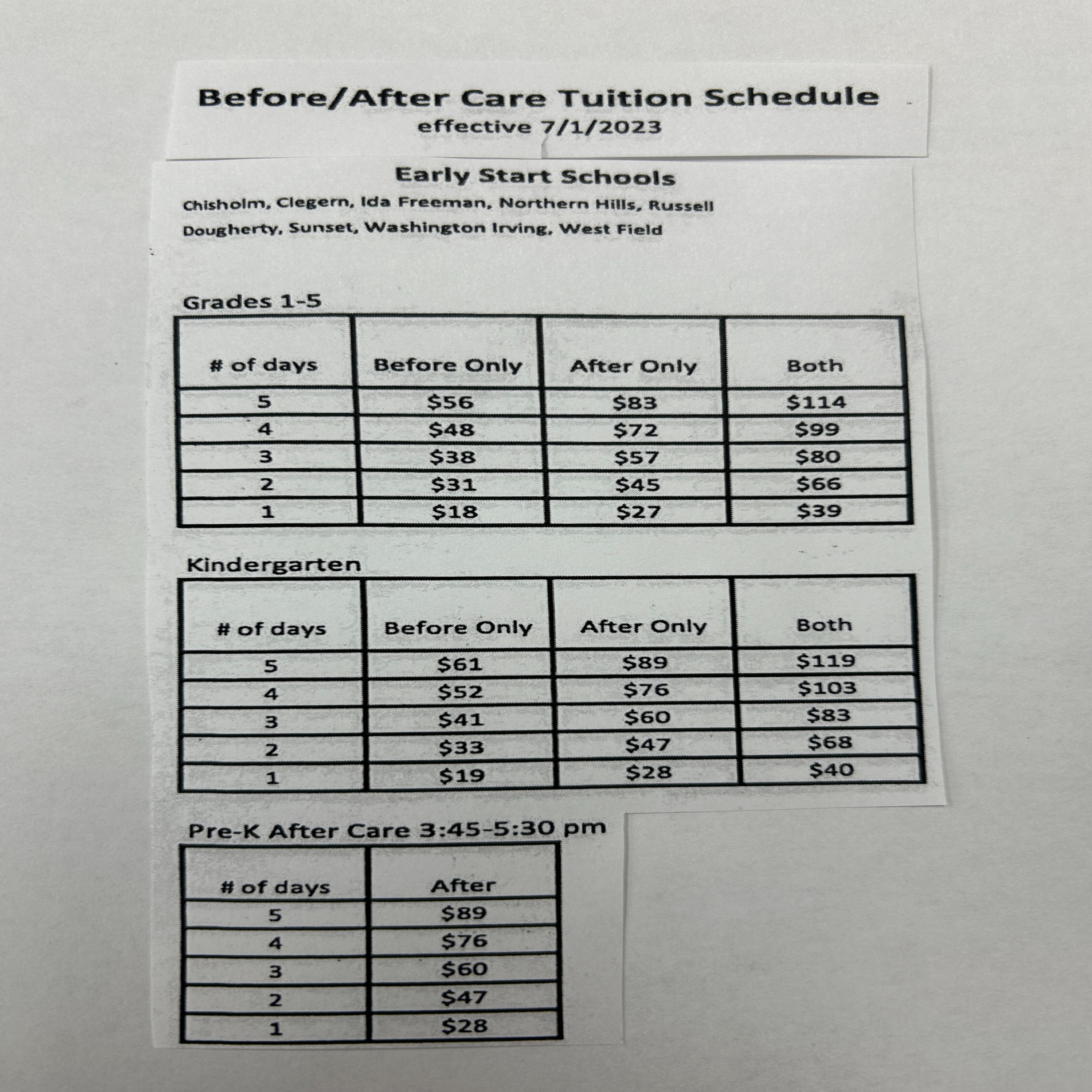 Early Start Before/After Care Tuition Schedule
