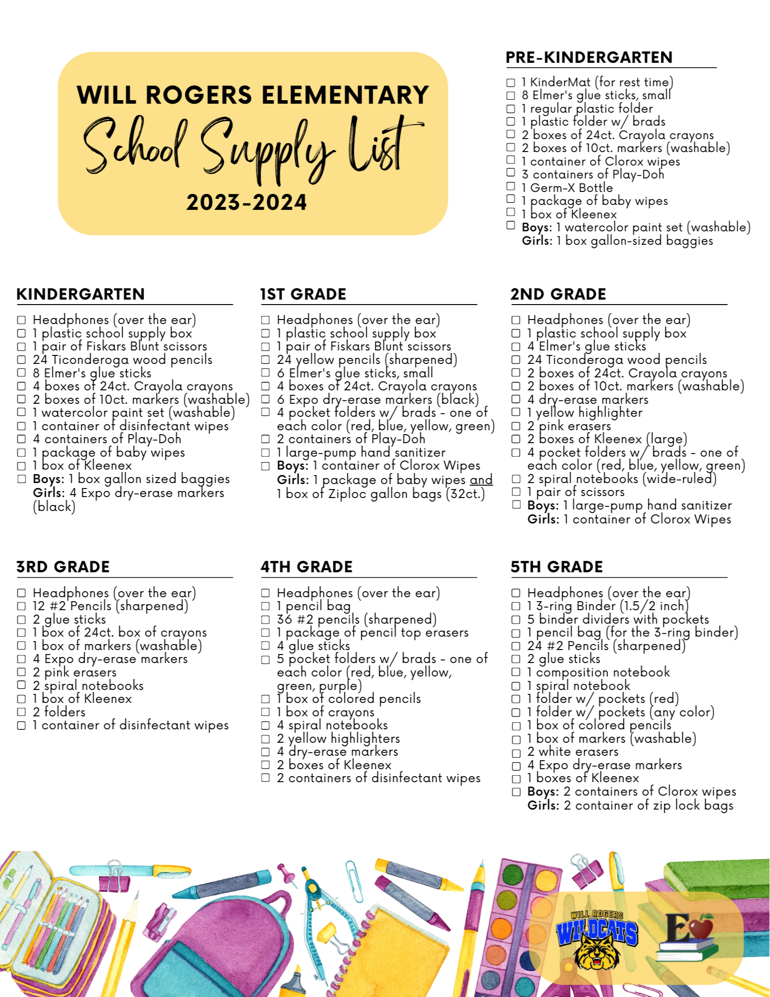 23-24 School Supply List - Sealston Elementary School