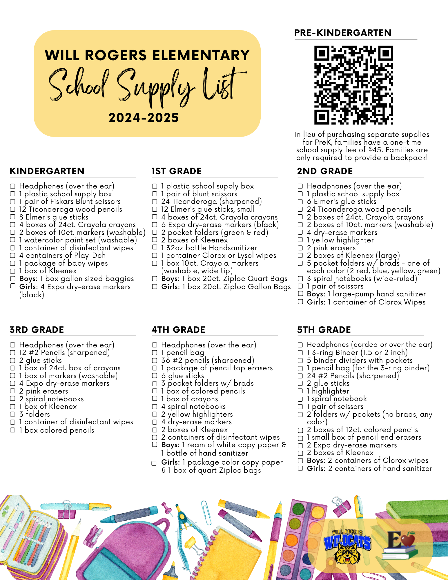 will rogers school supply list 24-25