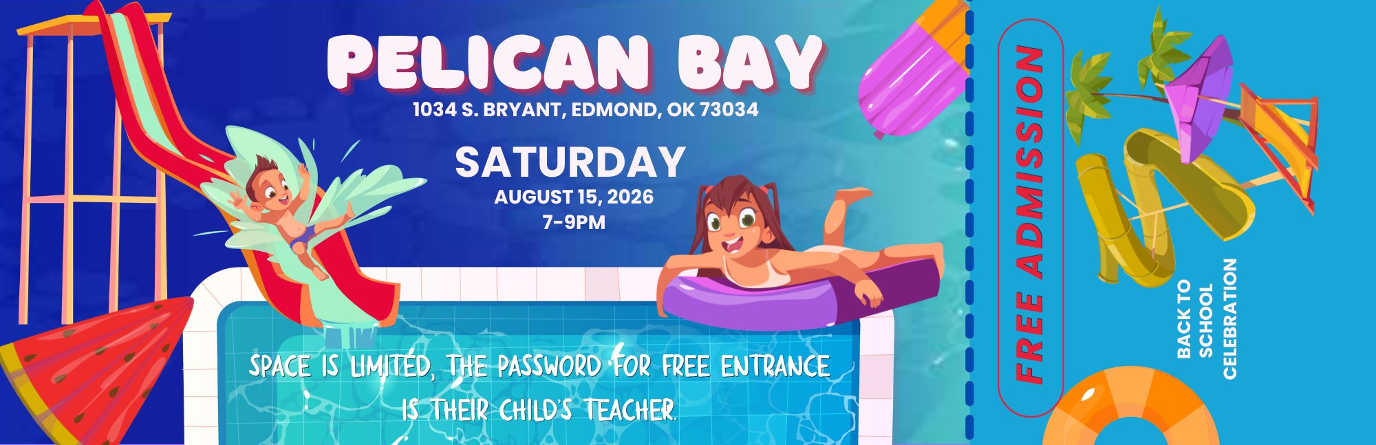 Pelican Bay Night is Saturday, August 15th, 7-9pm. Free Admission, you need to share your child's teacher for entrance.