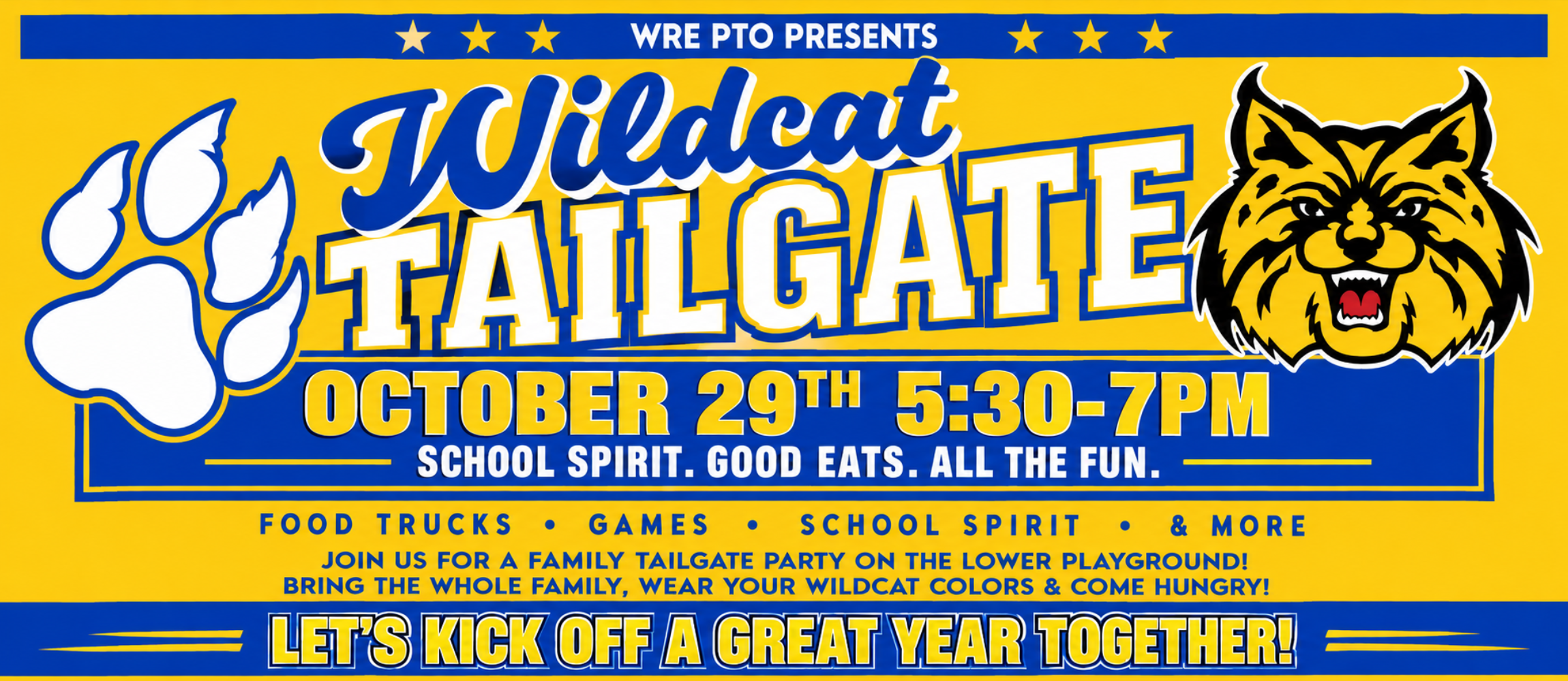 Get ready for a fun night with our Wildcat community!  Pack your lawn chairs &amp; picnic blankets and bring the whole family for an evening of school spirit, good eats, games and FUN at our Wildcat Tailgate!  October 29 | 5:30–7 PM Lower playground  Baked Bear, Oak City Pizza and Wicked Hangry will be onsite with limited menus for quick service!  Plus, UCO football players and cheerleaders will be joining us to help bring the spirit!  Wear your Wildcat colors, come hungry and get ready to make some fun family memories!