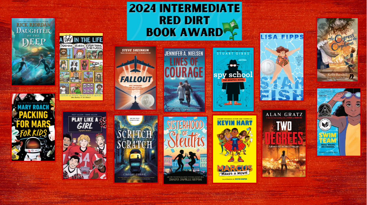 Text reading "2024 Intermediate Red Dirt Book Award" with the nominated books below the text against a red background