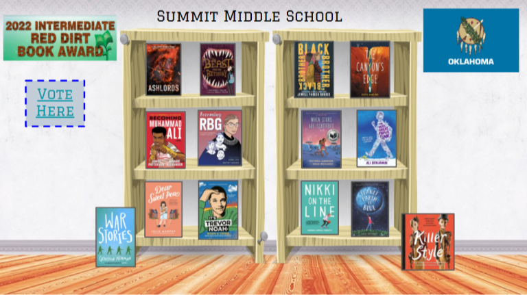 A graphic with text that reads "2022 Intermediate Red Dirt Book Award; Summit Middle School" with a graphic of the Oklahoma state flag, and a button that says "vote here." Images of the nominated books are below the text