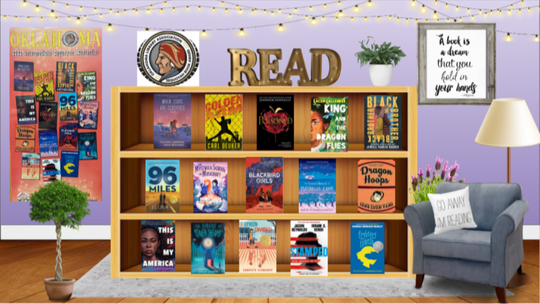 A picture showing the 2022 Oklahoma Intermediate Sequoyah Nominees with the Oklahoma Library Association logo above them, and text that says "read," and "a book is a dream that you hold in your hands"