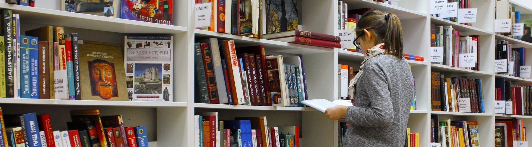 Librarian photo in library reading a book