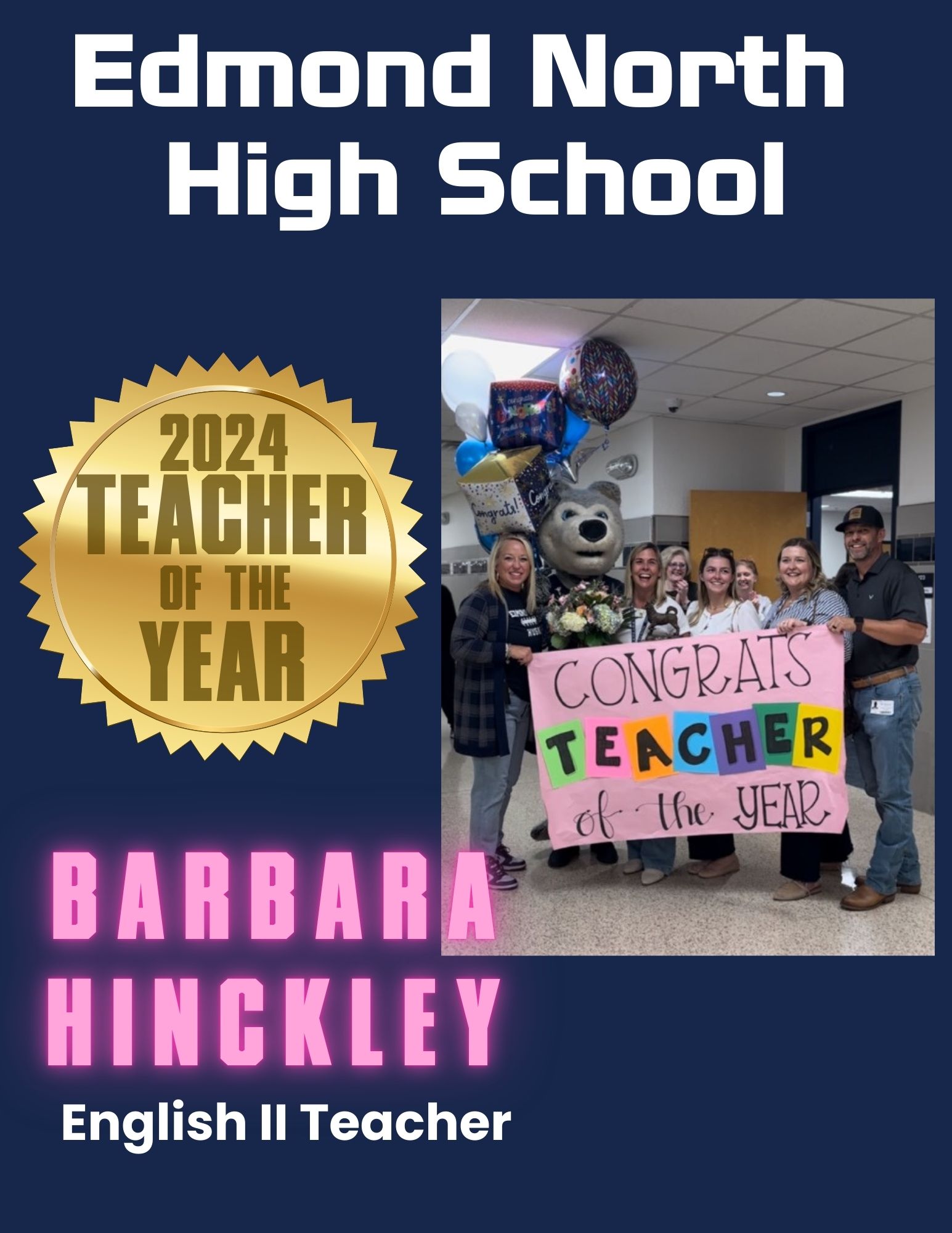 Graphic celebrating Barbara Hinckley as Teacher of the Year at Edmond North High School.