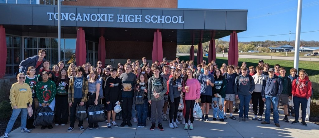 high school students standing outside THS after Chieftain Day at Legends