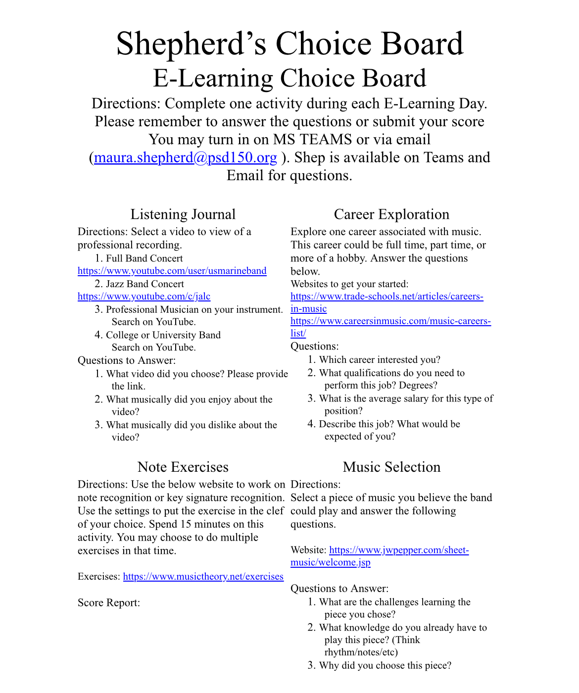 Ms. Shepherd's E - Learning Choice Board for Students