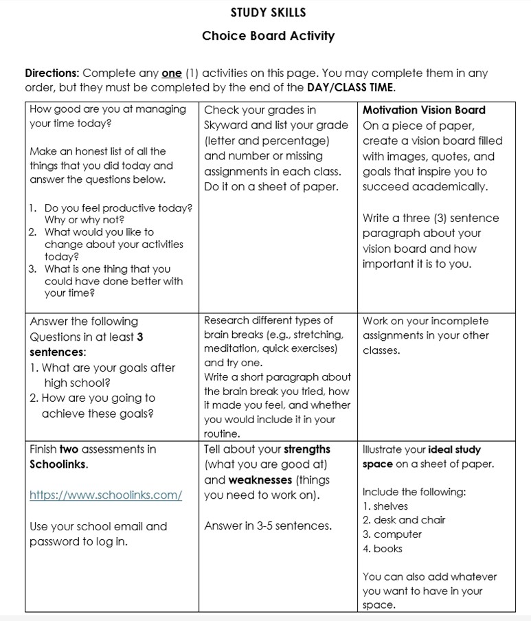 Study Skills - Choice Board
