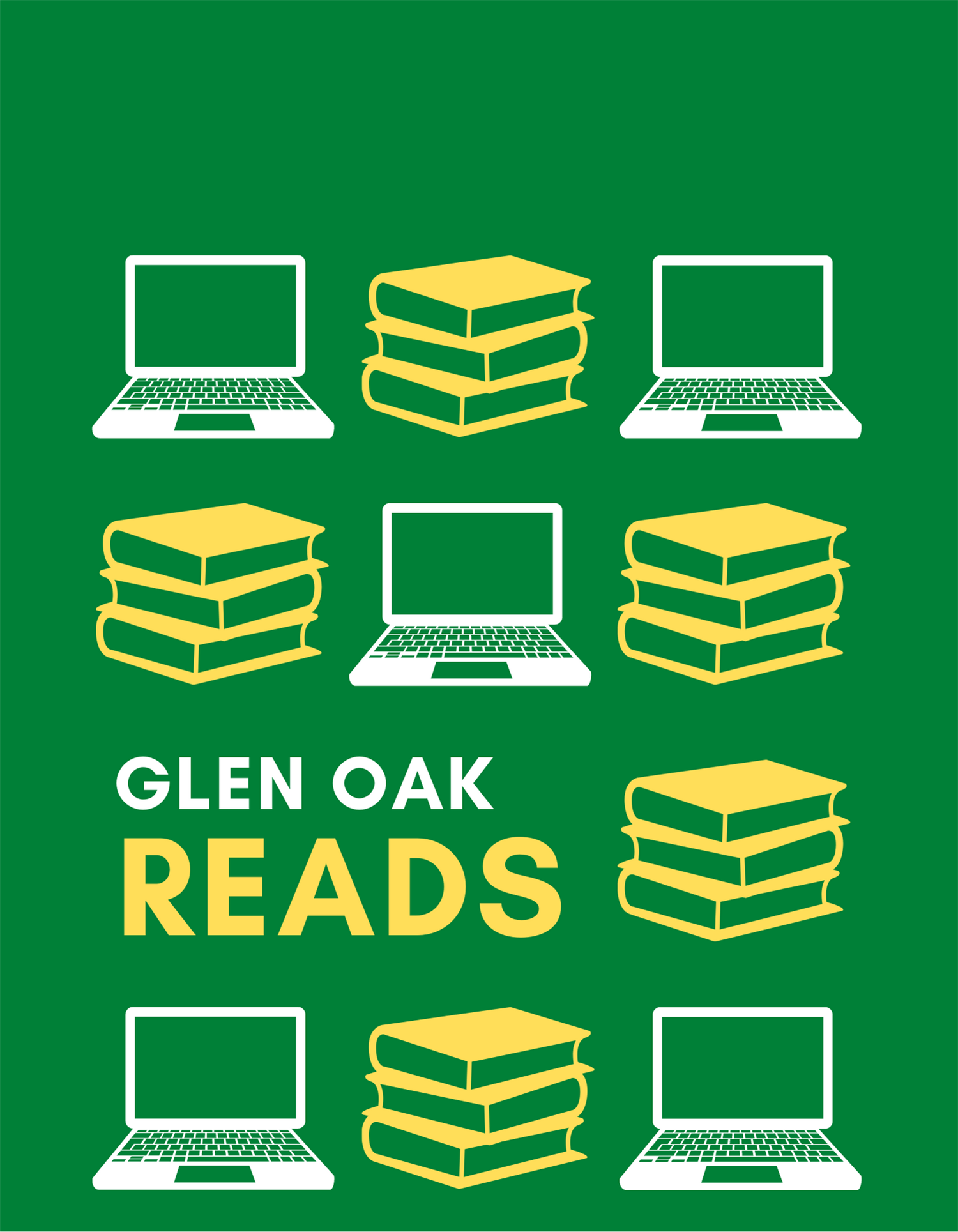 "glen oak reads" with cartoon drawings of computer and books