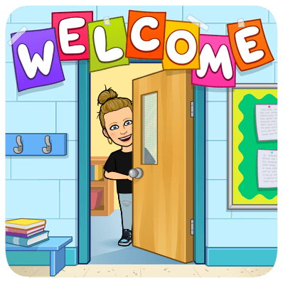 Mrs. Danage's bitmoji peeking out from a classroom door with a "Welcome" sign above the doorway