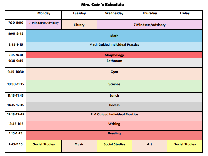 Mrs. Cain's Daily Schedule