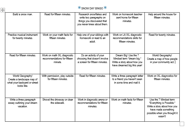 Snowday BINGO sheet