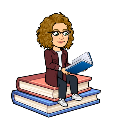 Mrs. Butler's bitmoji sitting on a stack of books while reading