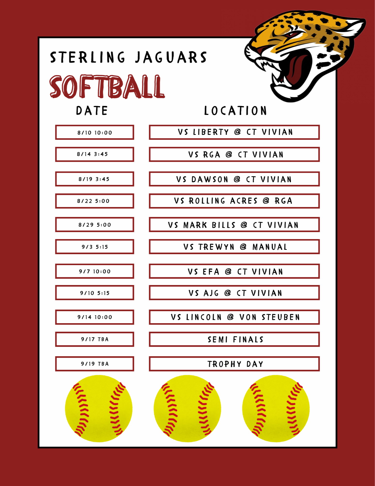 softball schedule