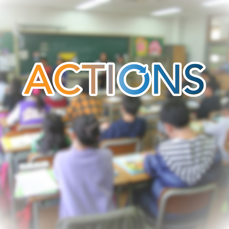 Blurred classroom with students seated at desks. Text "ACTIONS" in orange and blue.