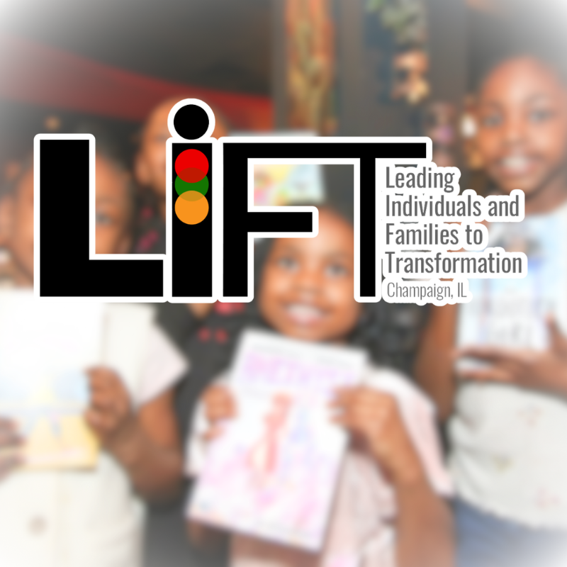 Logo with "LIFT" text and traffic light icon. Four children in background, smiling and holding drawings.