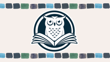 An owl sits on an open book with wings spread, surrounded by a circle. It rests on a border of colorful squares.