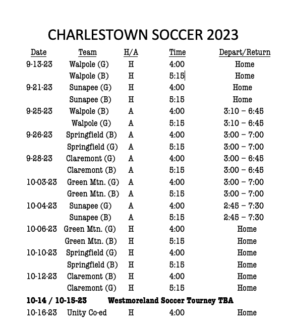 2023 Soccer Schedule - Updated 9-13-23
