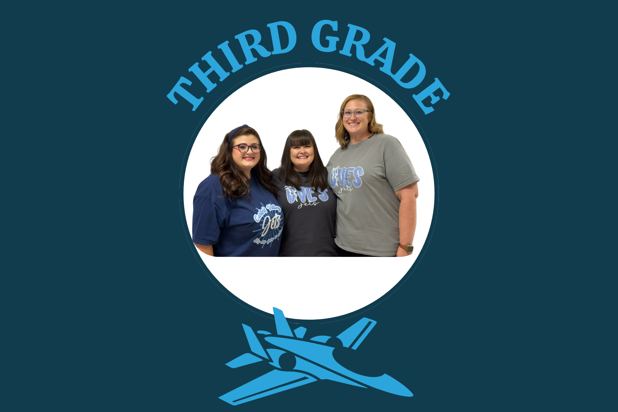 Three women stand in a white circle. Text reads "THIRD GRADE" in blue above. Blue airplane icon below.