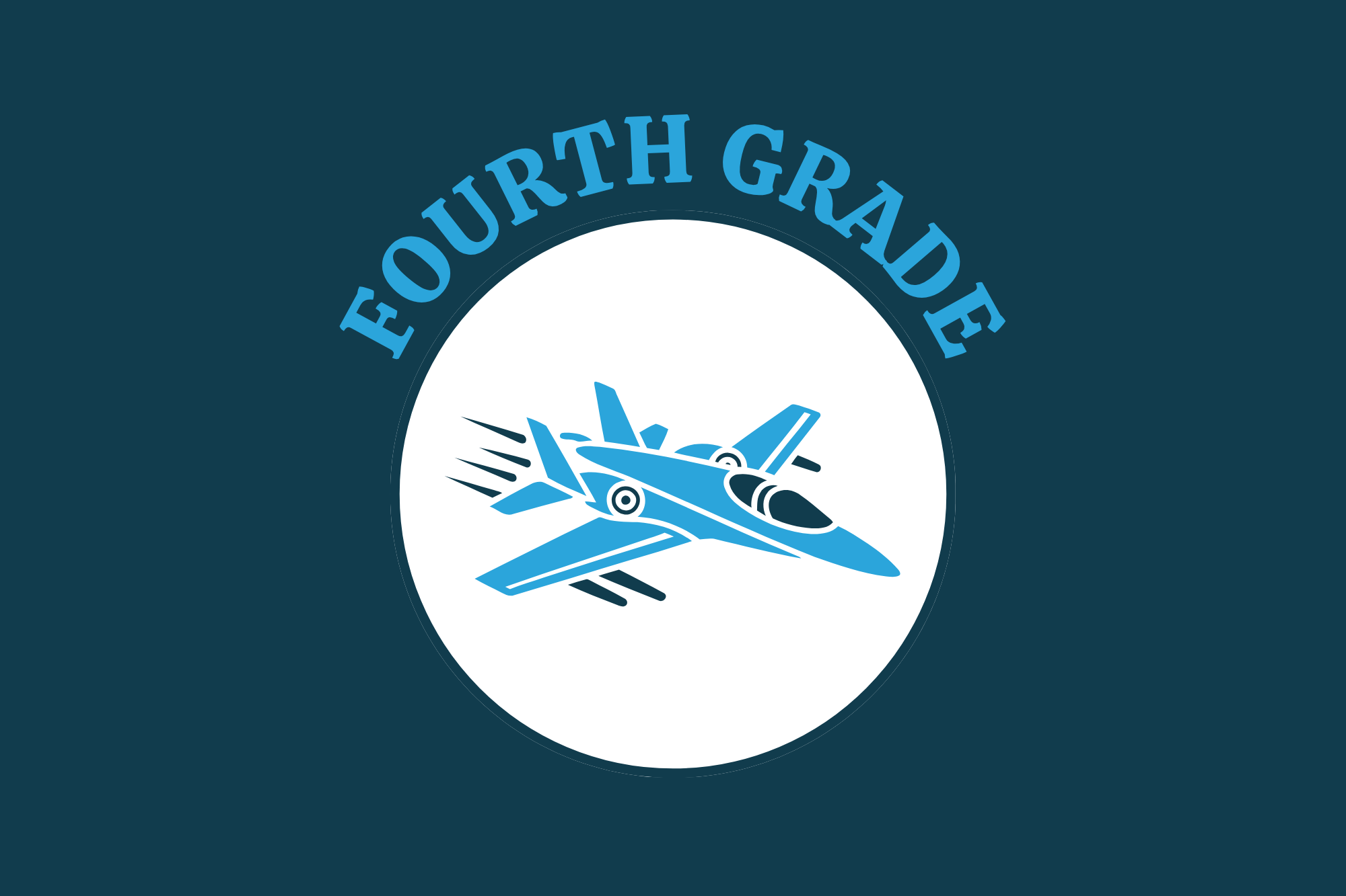 A blue jet inside a white circle with "Fourth Grade" written in blue on a dark background.