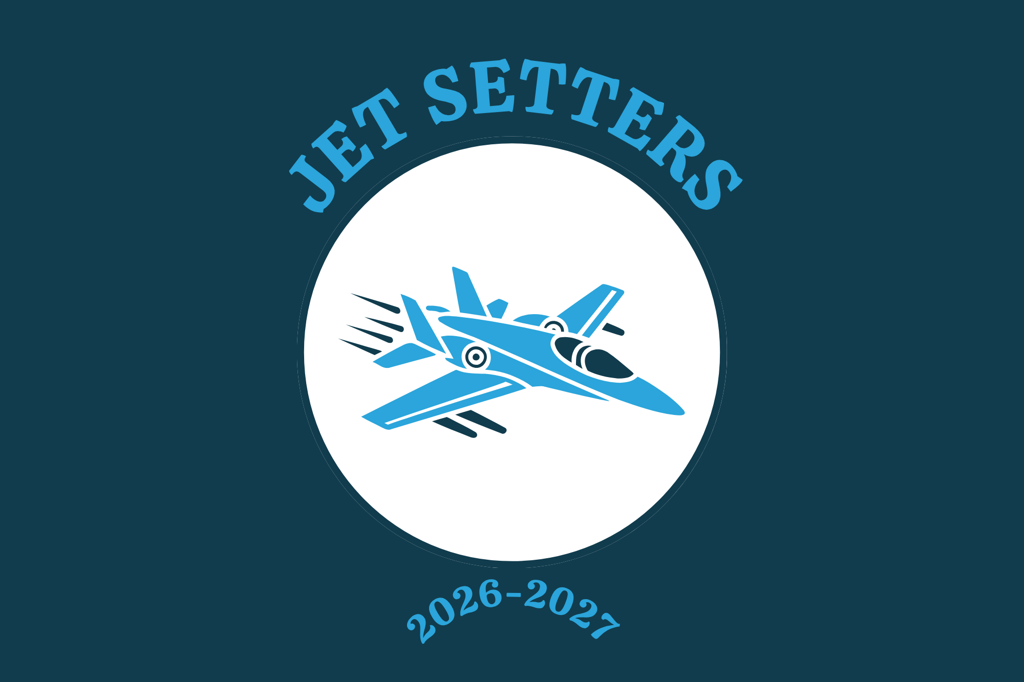 Dark blue background with a logo featuring a blue jet airplane in flight inside a white circle.
