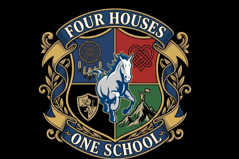 A coat of arms with "Four Houses One School" text. Features a white horse leaping over four distinct house symbols.