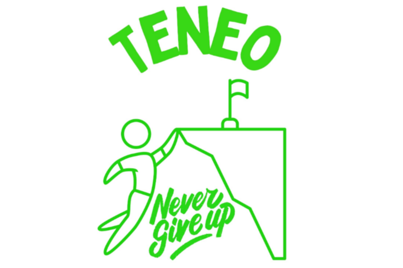 Logo with "TENEO" in large green letters. Below it, a figure reaching a summit with a flag. Words "Never Give Up" are written below.