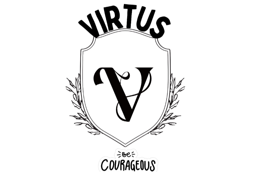 A white background with the "Virtus V" logo. It features a shield with a leaf design and the text "Courageous" in black.