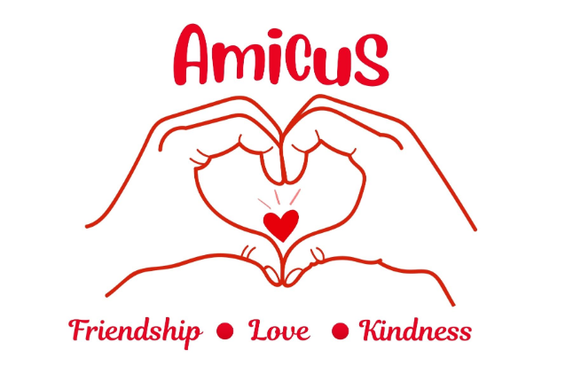 Two hands form a heart with a red heart inside, accompanied by text: "Amicus Friendship Love Kindness".