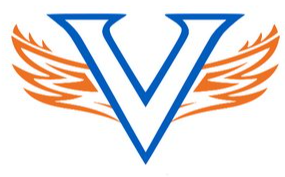 Blue outlined "V" with orange wings