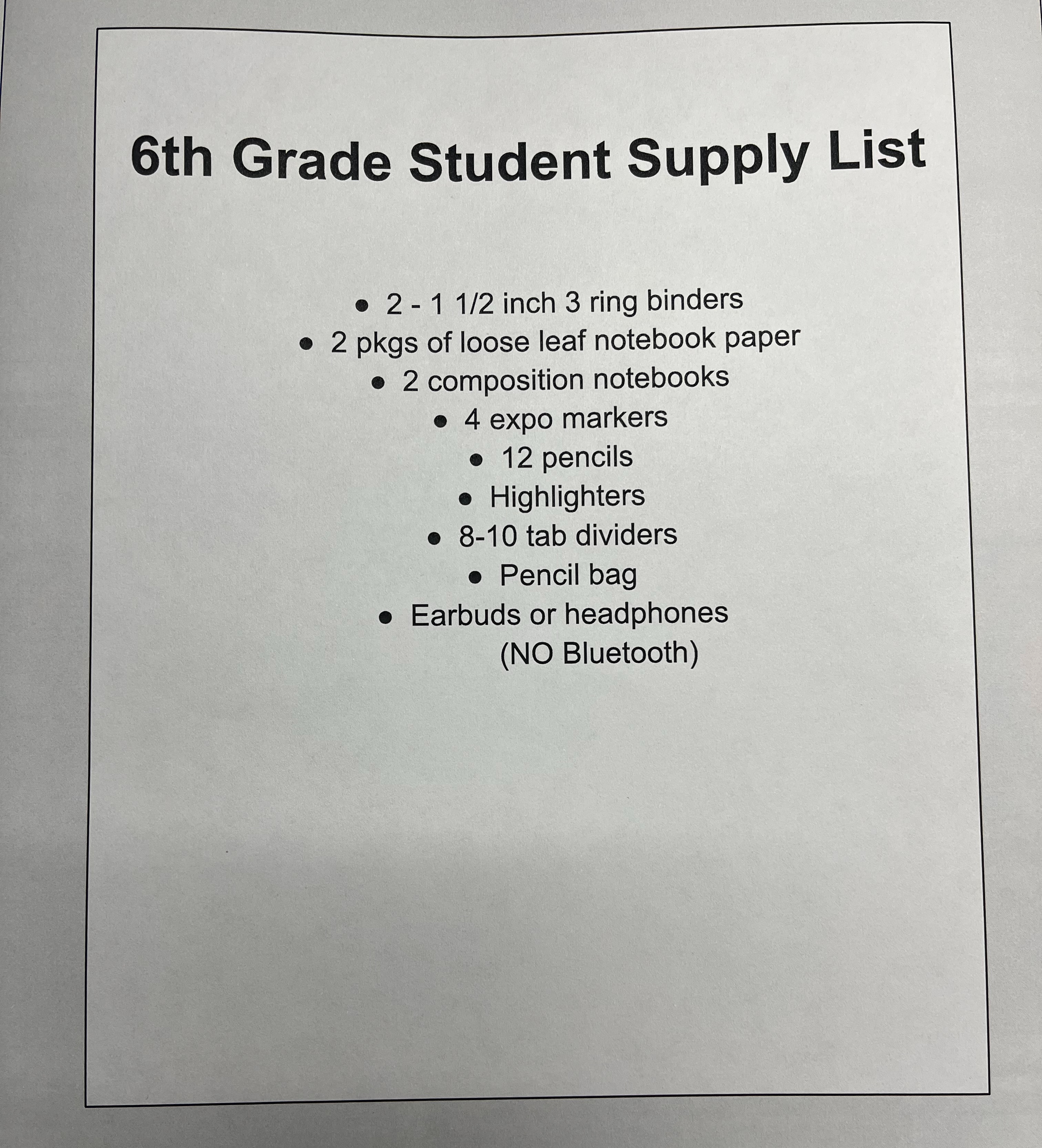 6th grade supply list