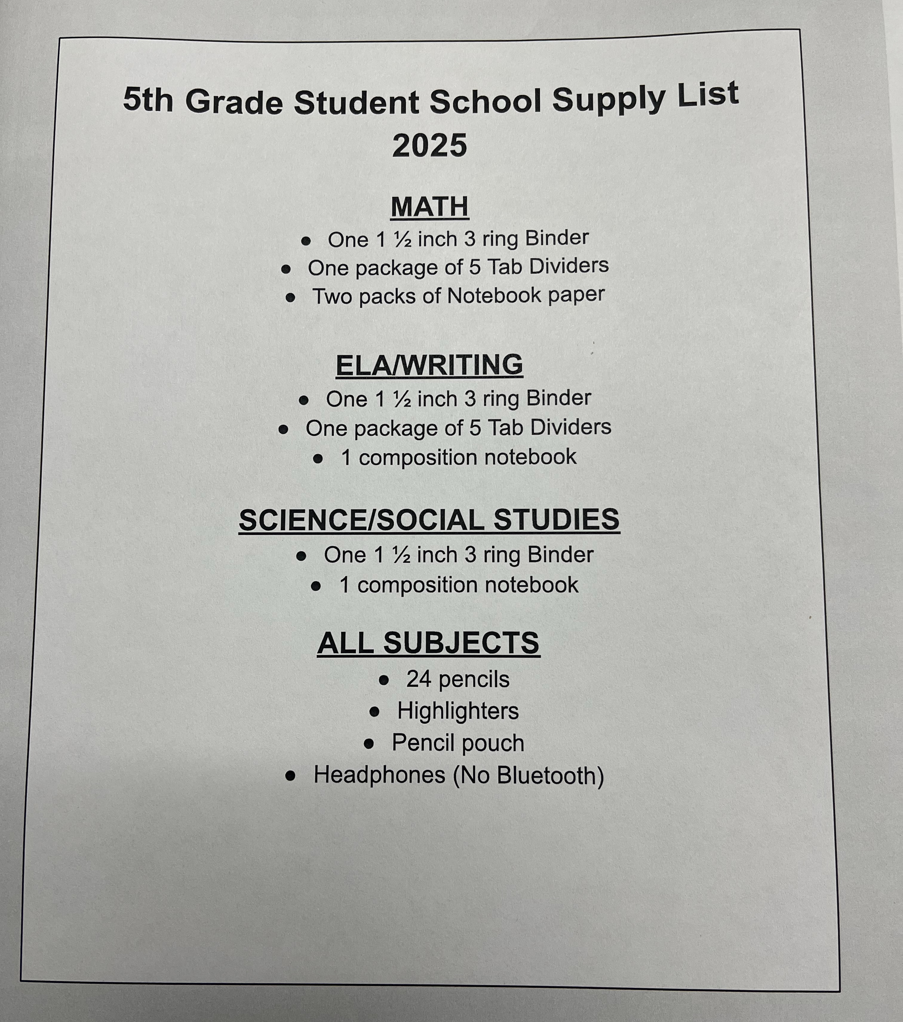 5th grade supply list