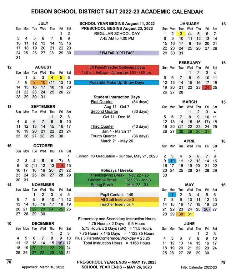 2022 2023 Academic Calendar Edison School District 54JT