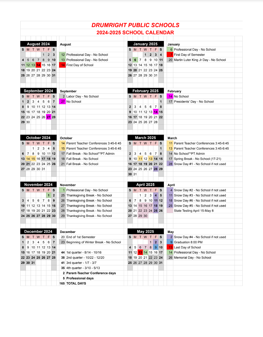 School Calendars Drumright Public Schools