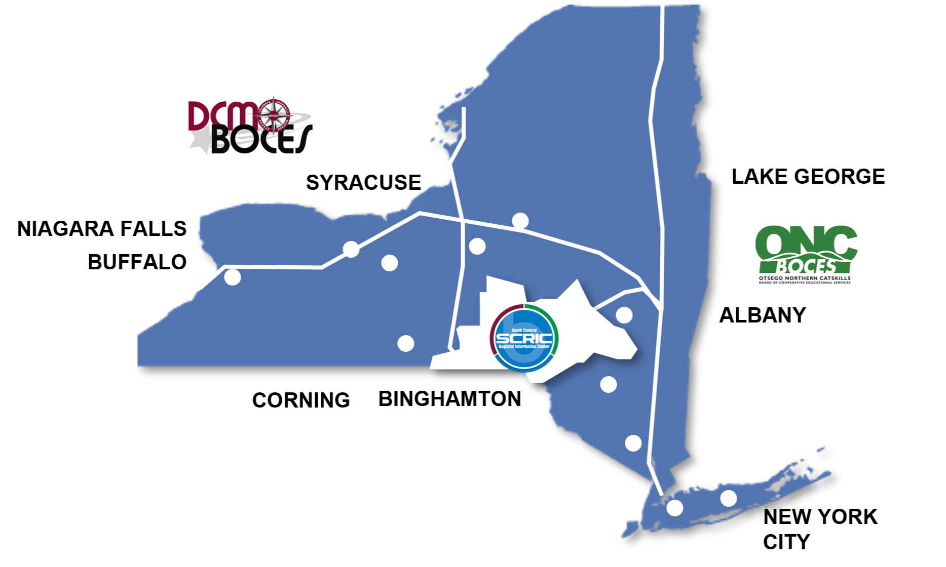 Image of NYS and the 12 general locations of other regional information centers in NYS